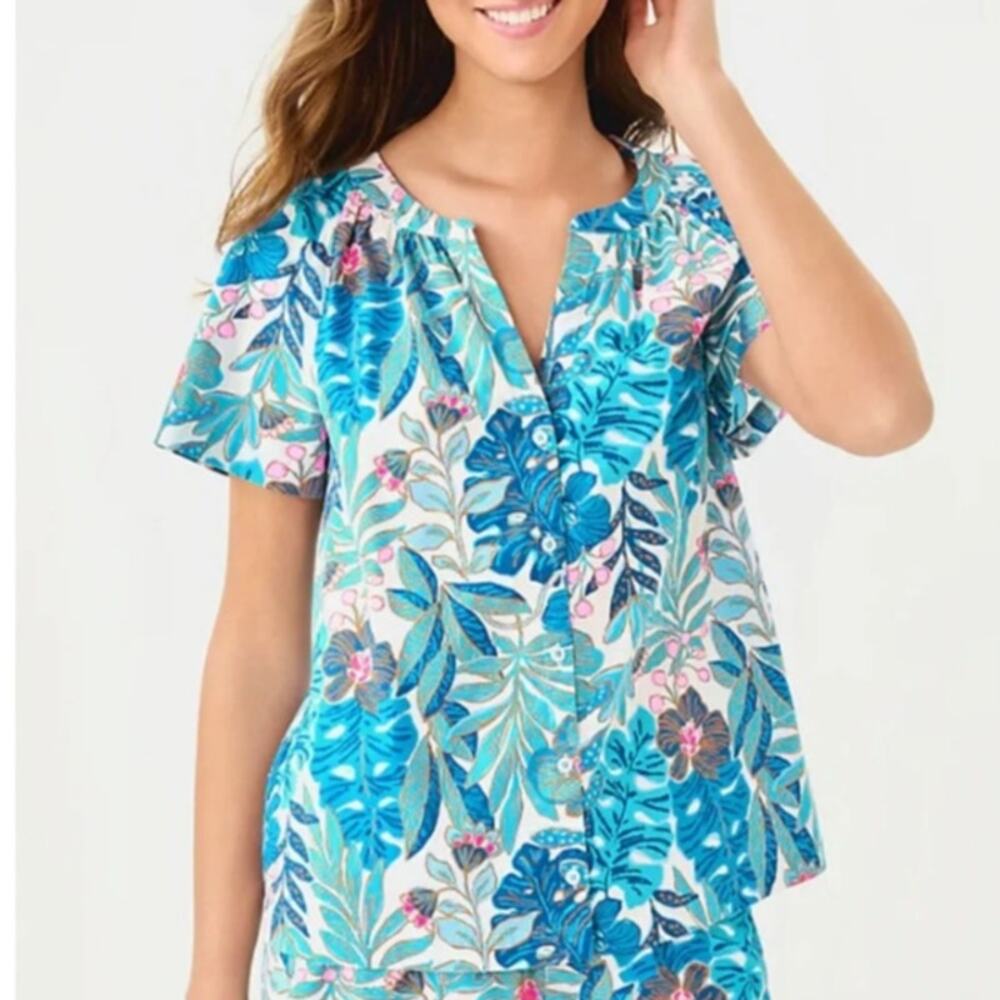 Lilly Pulitzer Darcey Woven Pajama Top Floral Tropical Blue Size XL